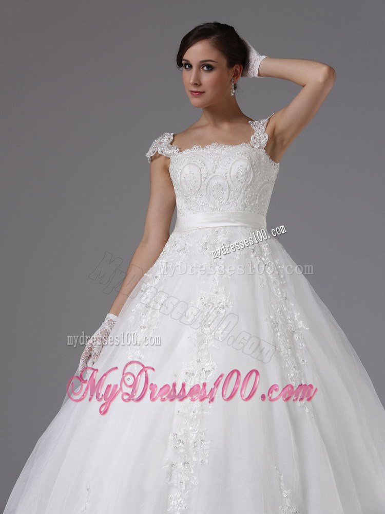 Lace Ball Gown Brush Train Wedding Dress with Cap Sleeves and Straps