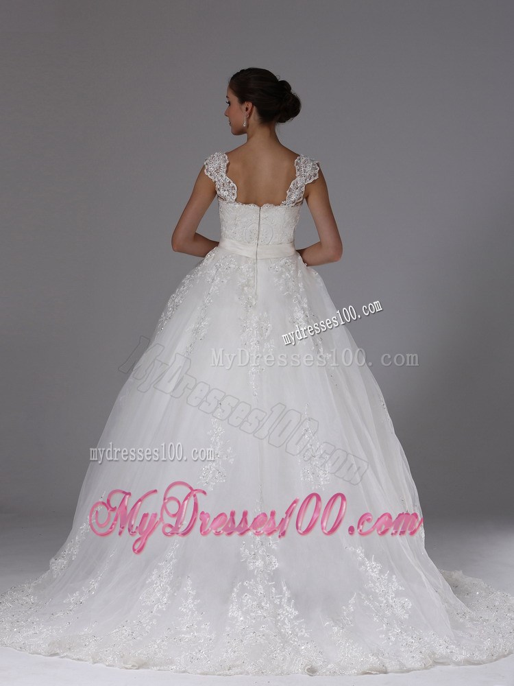 Lace Ball Gown Brush Train Wedding Dress with Cap Sleeves and Straps