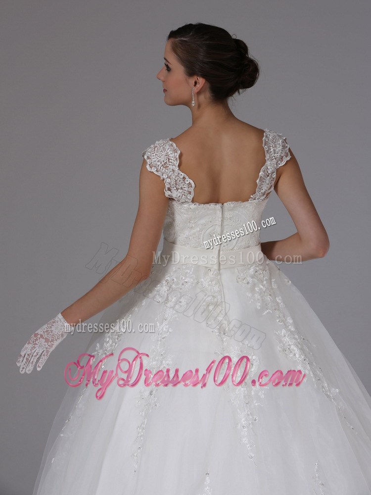 Lace Ball Gown Brush Train Wedding Dress with Cap Sleeves and Straps