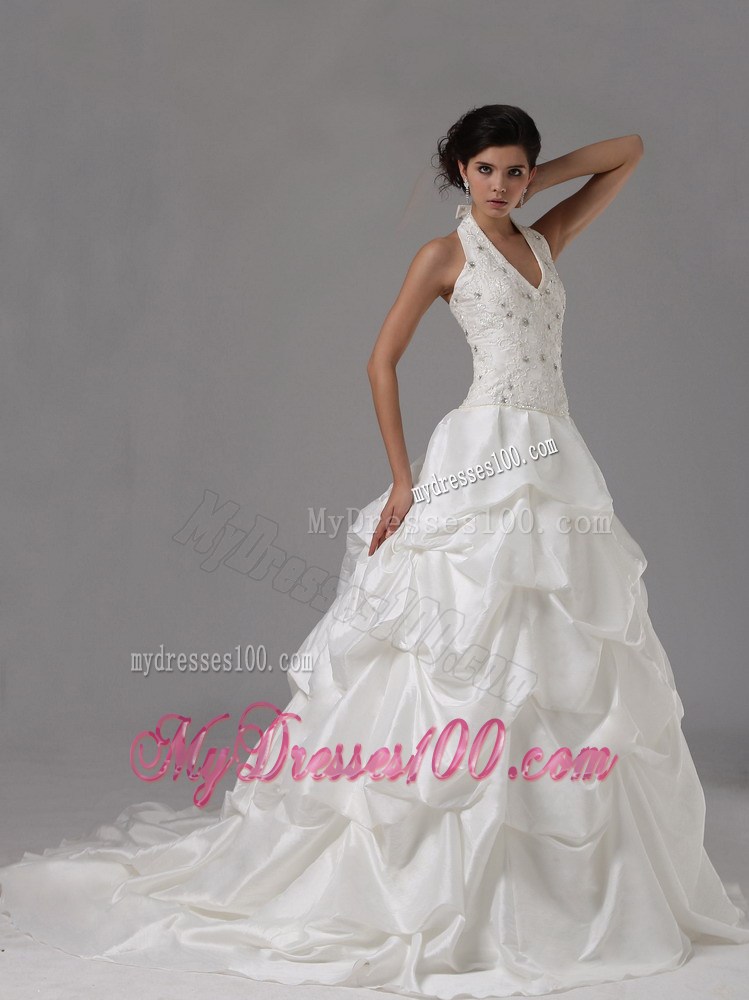 Pick-ups and Beading Accent Court Train Halter V-neck Bridal Gown