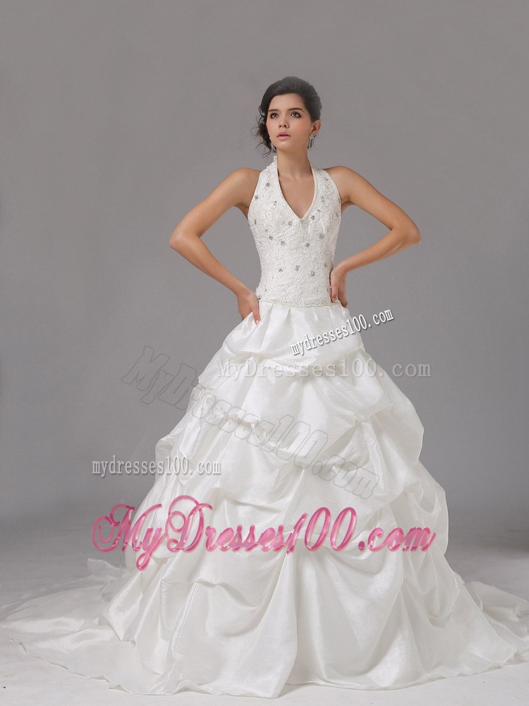 Pick-ups and Beading Accent Court Train Halter V-neck Bridal Gown