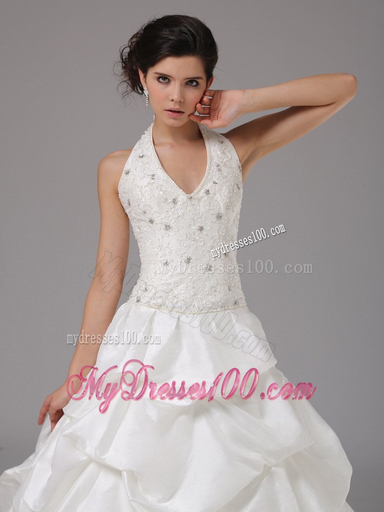 Pick-ups and Beading Accent Court Train Halter V-neck Bridal Gown