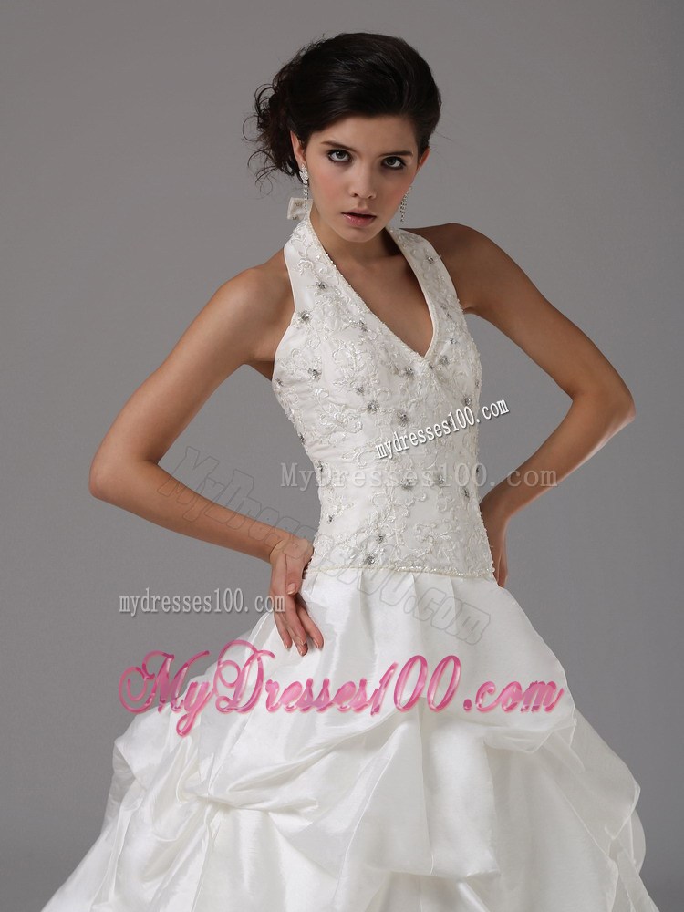 Pick-ups and Beading Accent Court Train Halter V-neck Bridal Gown