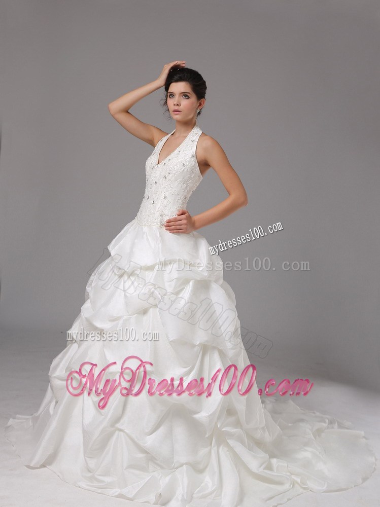 Pick-ups and Beading Accent Court Train Halter V-neck Bridal Gown