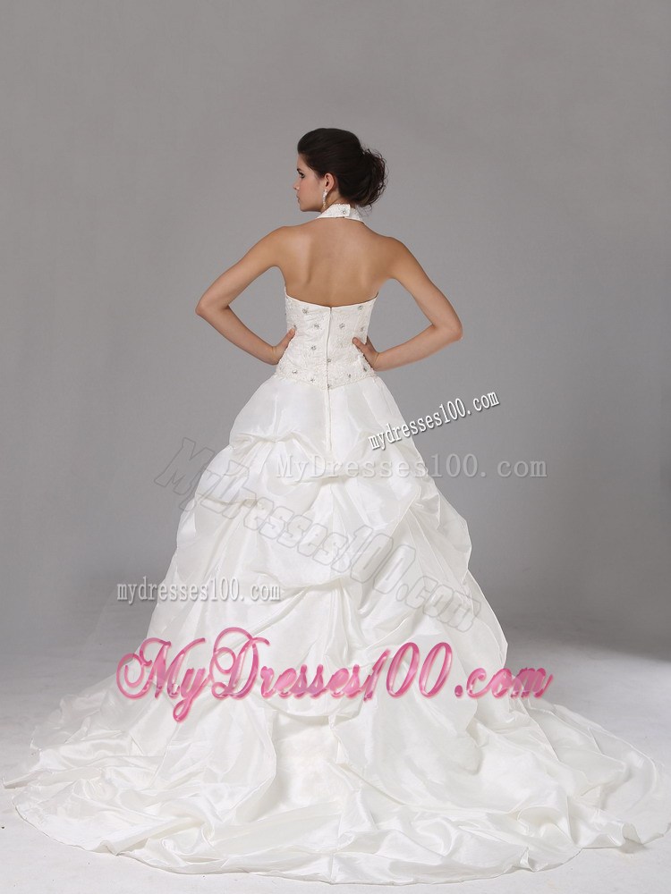 Pick-ups and Beading Accent Court Train Halter V-neck Bridal Gown