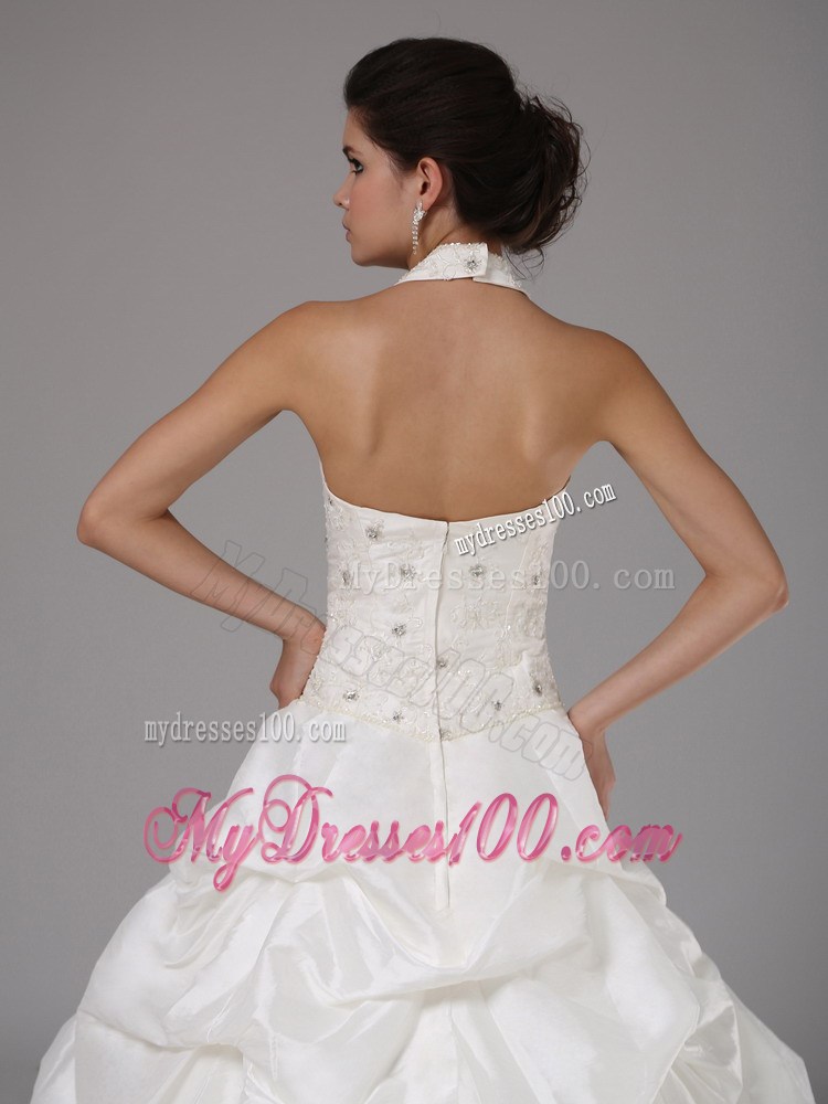 Pick-ups and Beading Accent Court Train Halter V-neck Bridal Gown