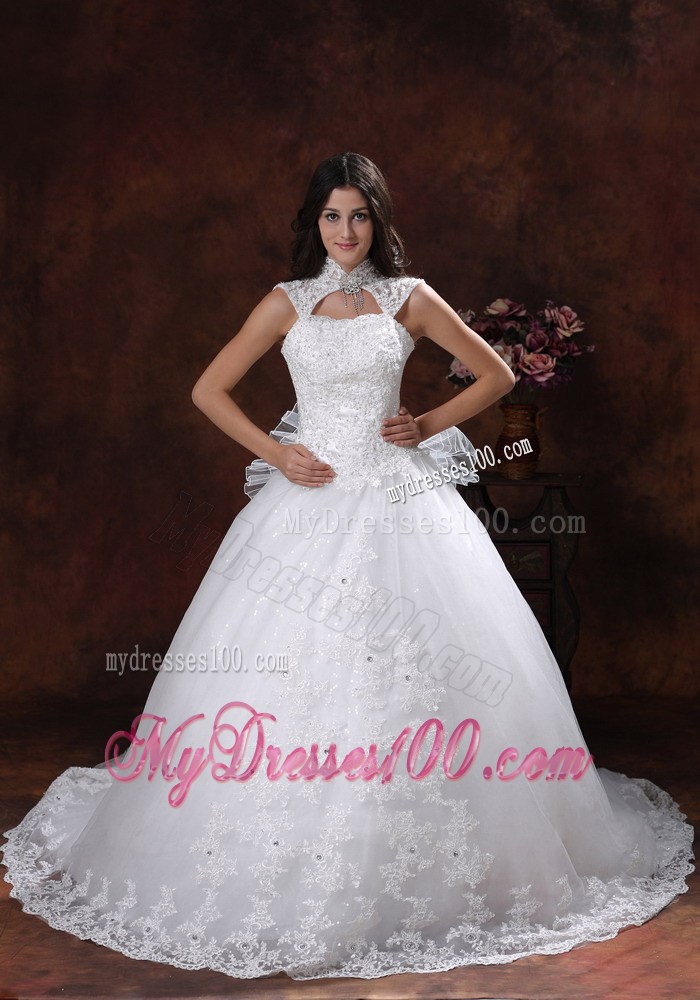 Jewelry High Neck Chapel Train Bridal Gowns with Lace Hemline and Bowknot Back