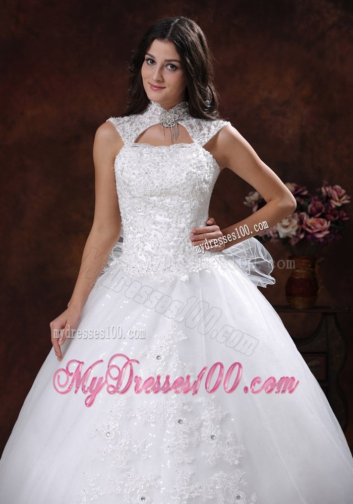 Jewelry High Neck Chapel Train Bridal Gowns with Lace Hemline and Bowknot Back
