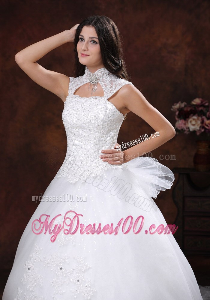 Jewelry High Neck Chapel Train Bridal Gowns with Lace Hemline and Bowknot Back