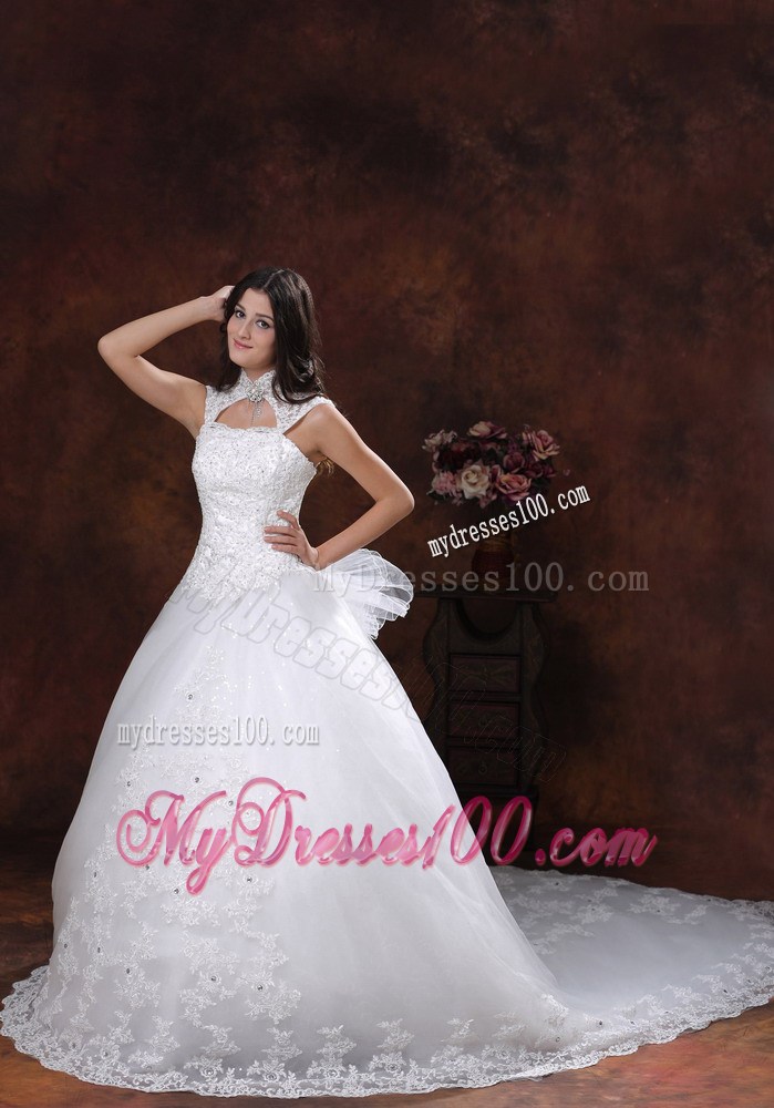 Jewelry High Neck Chapel Train Bridal Gowns with Lace Hemline and Bowknot Back