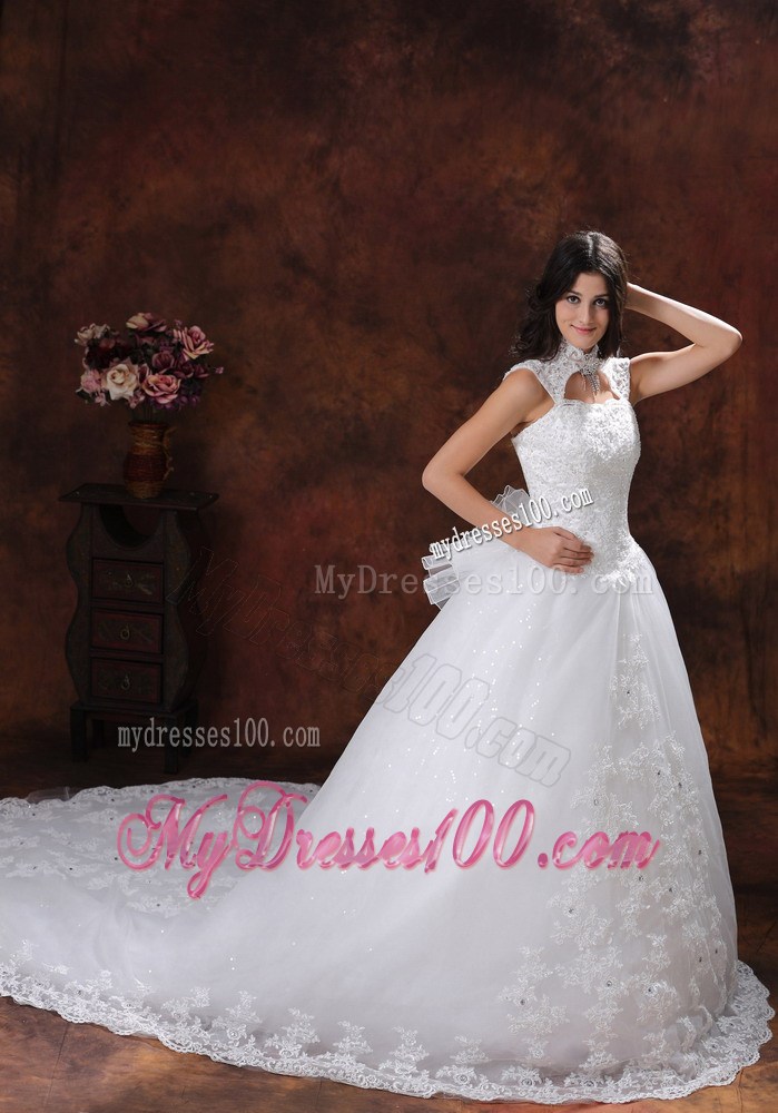 Jewelry High Neck Chapel Train Bridal Gowns with Lace Hemline and Bowknot Back