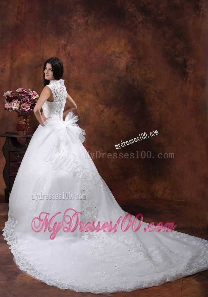 Jewelry High Neck Chapel Train Bridal Gowns with Lace Hemline and Bowknot Back