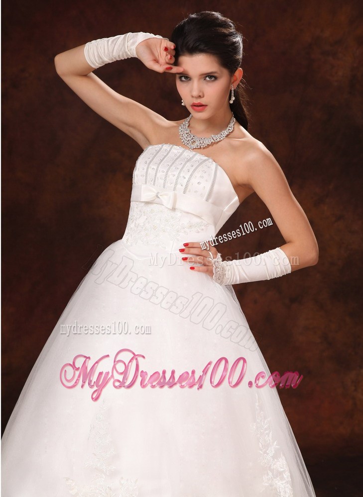 A-line Strapless Floor-length with Beading for Wedding with Gloves