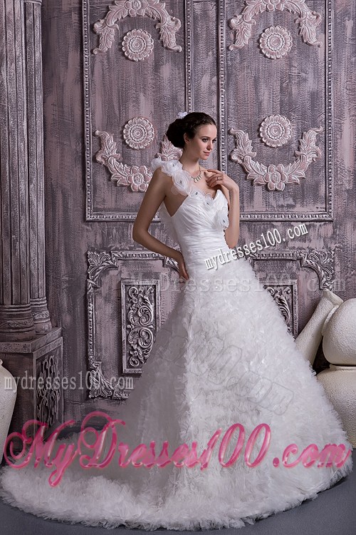 Beaded Handle Flowers Wedding Dress with Court Train and Small Ruffles