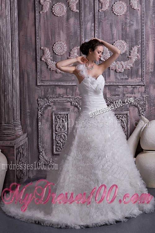 Beaded Handle Flowers Wedding Dress with Court Train and Small Ruffles