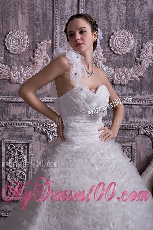 Beaded Handle Flowers Wedding Dress with Court Train and Small Ruffles