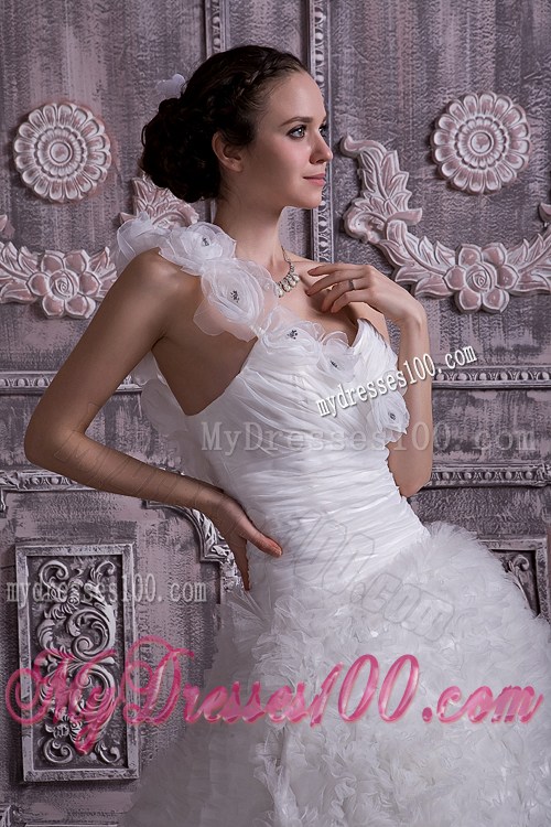 Beaded Handle Flowers Wedding Dress with Court Train and Small Ruffles