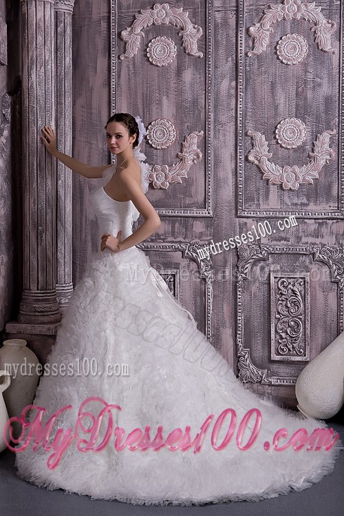 Beaded Handle Flowers Wedding Dress with Court Train and Small Ruffles