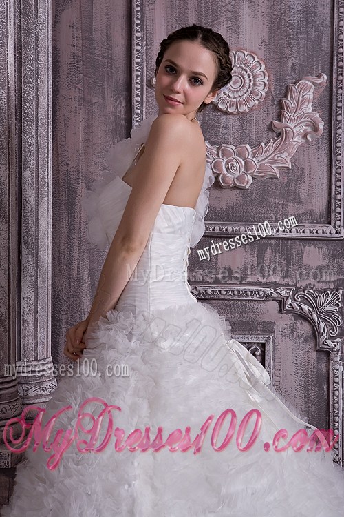 Beaded Handle Flowers Wedding Dress with Court Train and Small Ruffles