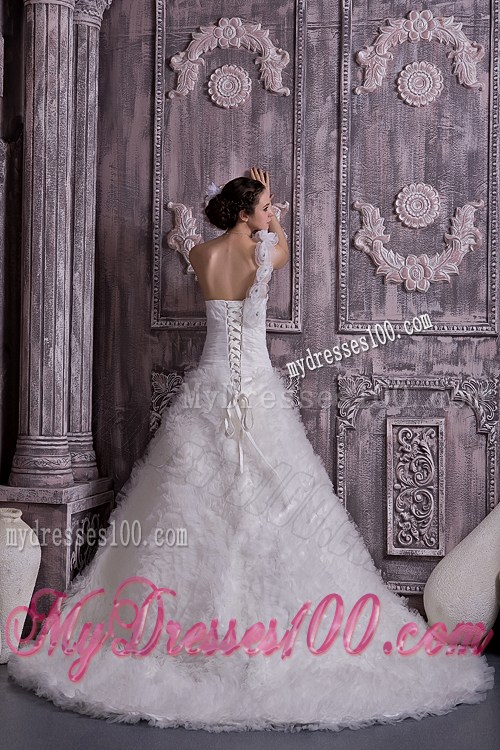 Beaded Handle Flowers Wedding Dress with Court Train and Small Ruffles