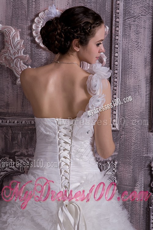 Beaded Handle Flowers Wedding Dress with Court Train and Small Ruffles
