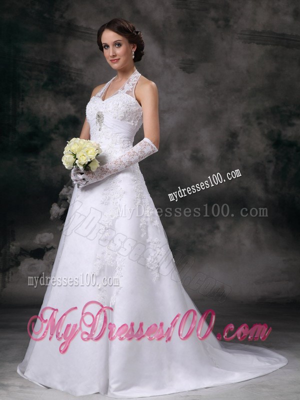 Low Price Lace Halter Top White Wedding Gown Court Train