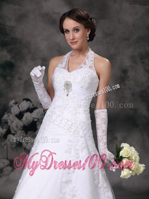 Low Price Lace Halter Top White Wedding Gown Court Train