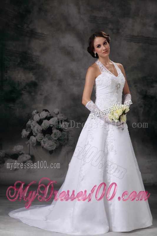 Low Price Lace Halter Top White Wedding Gown Court Train