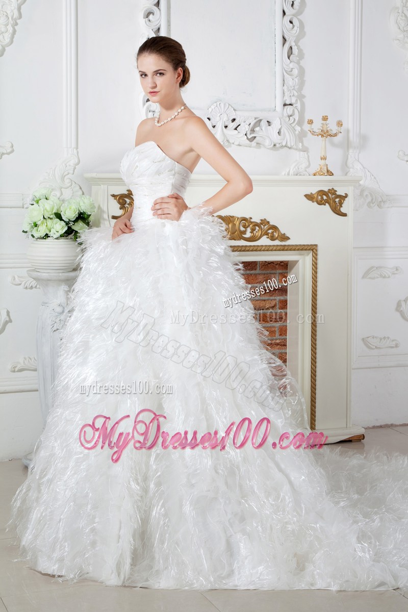 Ruched Sweetheart Chapel Train Wedding Dresses with Beading and Feather