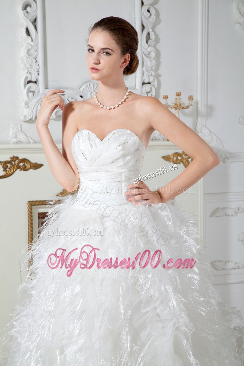 Ruched Sweetheart Chapel Train Wedding Dresses with Beading and Feather