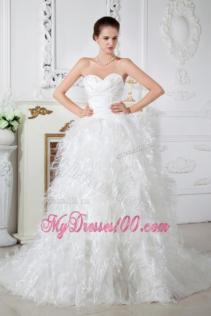 Ruched Sweetheart Chapel Train Wedding Dresses with Beading and Feather