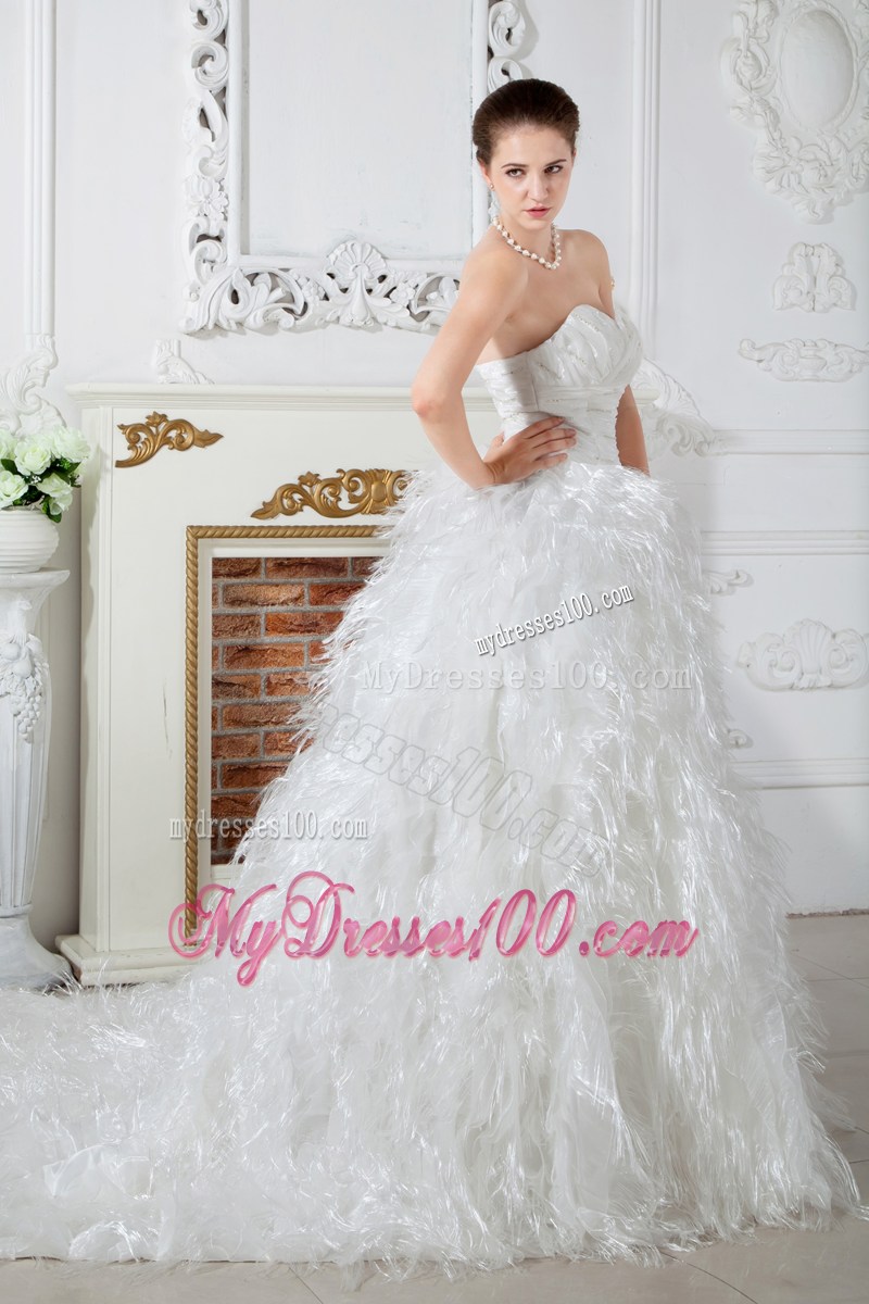 Ruched Sweetheart Chapel Train Wedding Dresses with Beading and Feather