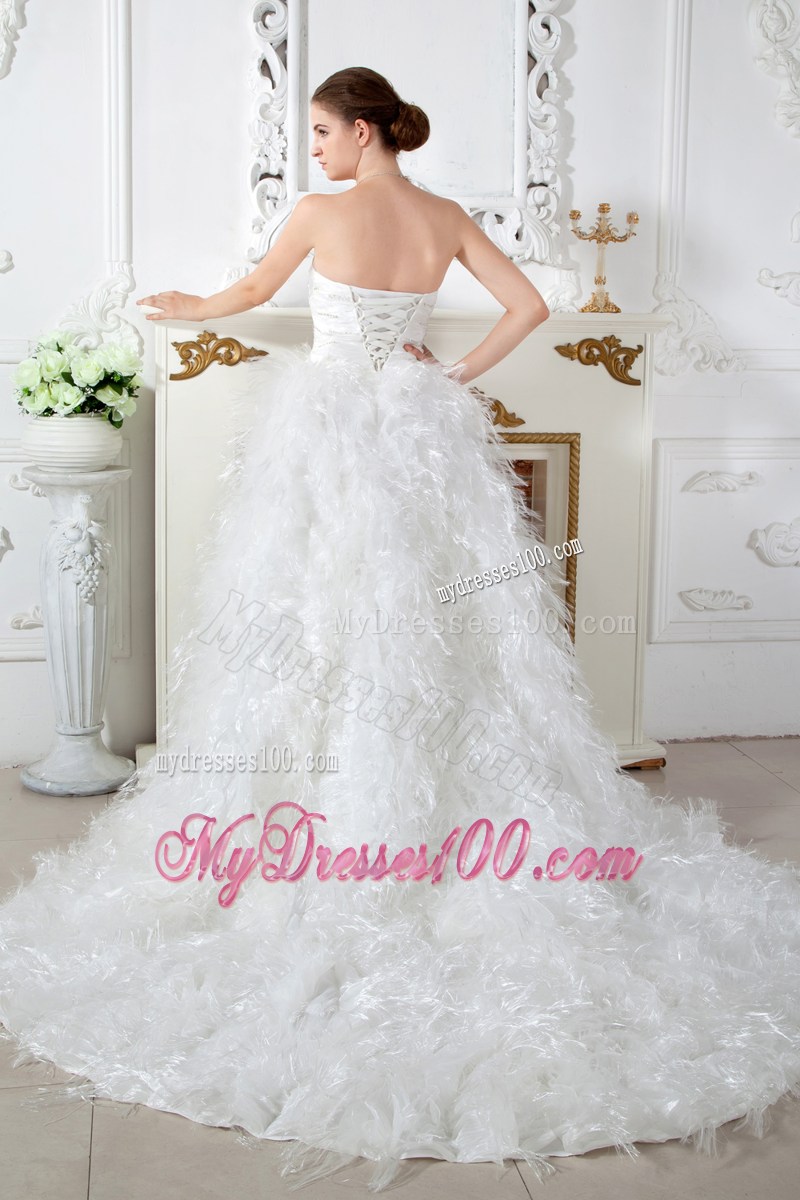 Ruched Sweetheart Chapel Train Wedding Dresses with Beading and Feather