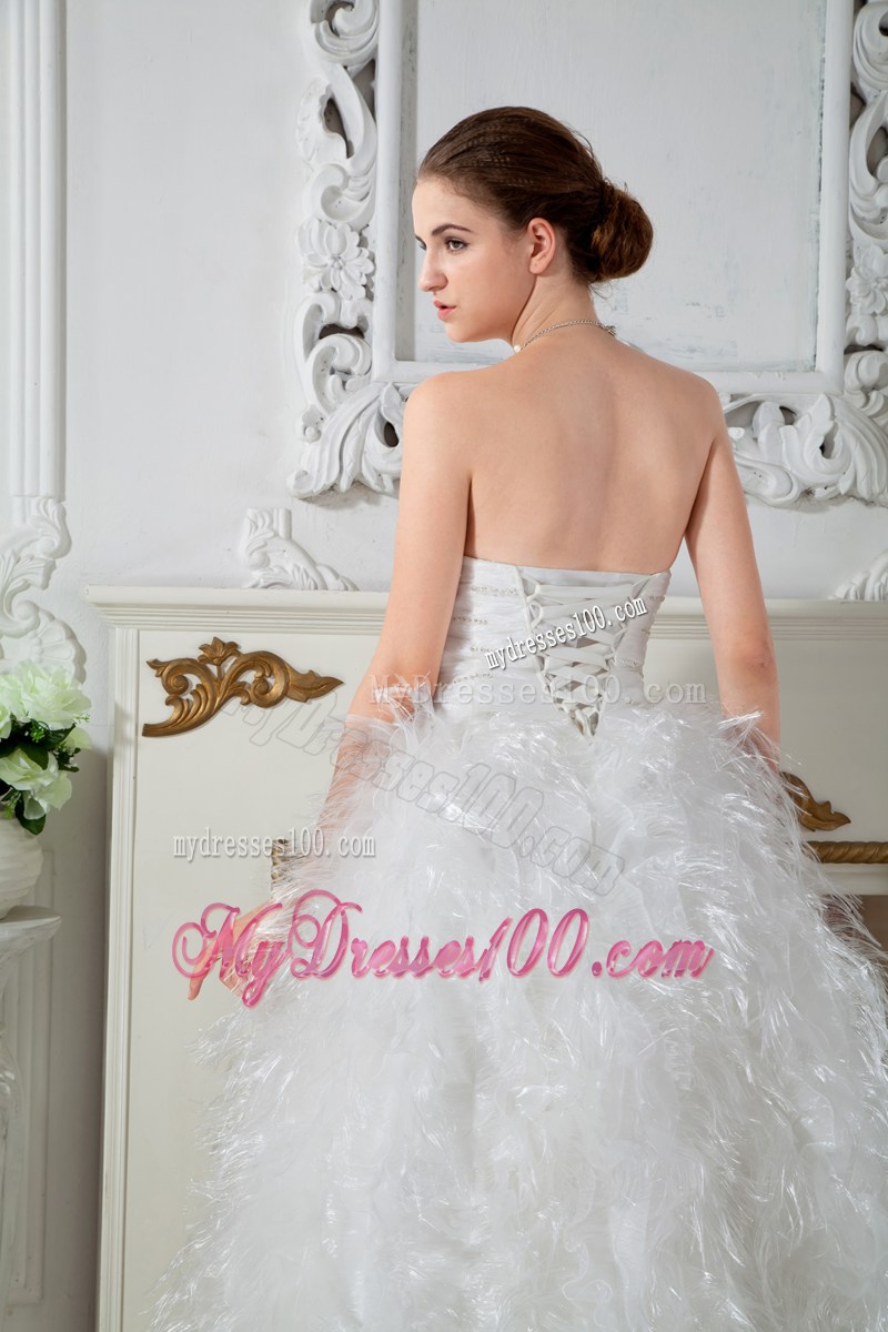Ruched Sweetheart Chapel Train Wedding Dresses with Beading and Feather
