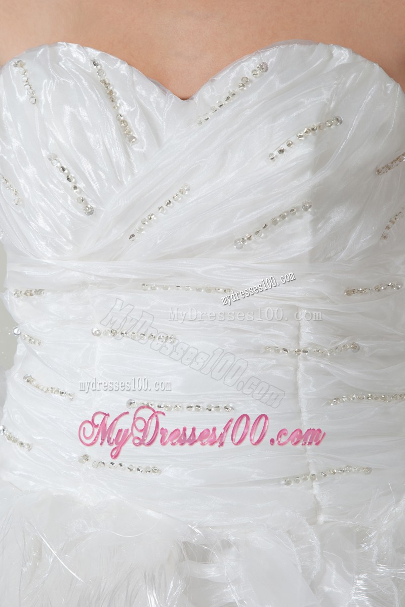 Ruched Sweetheart Chapel Train Wedding Dresses with Beading and Feather