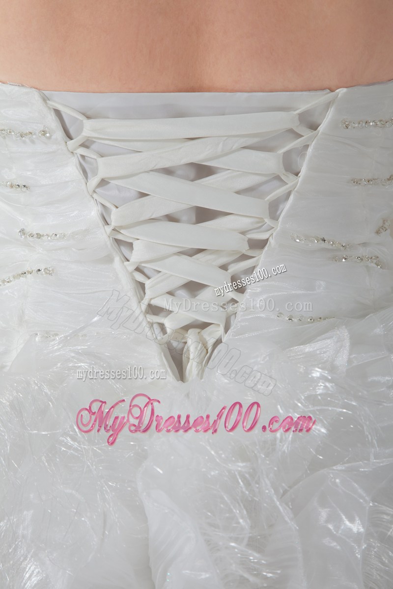 Ruched Sweetheart Chapel Train Wedding Dresses with Beading and Feather