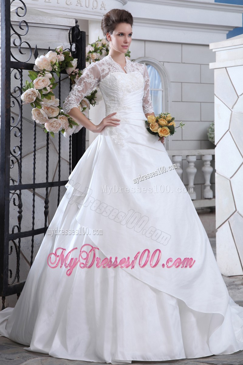 Lace Flower Half Sleeves Appliqued and Beaded Brush Train Bridal Gowns