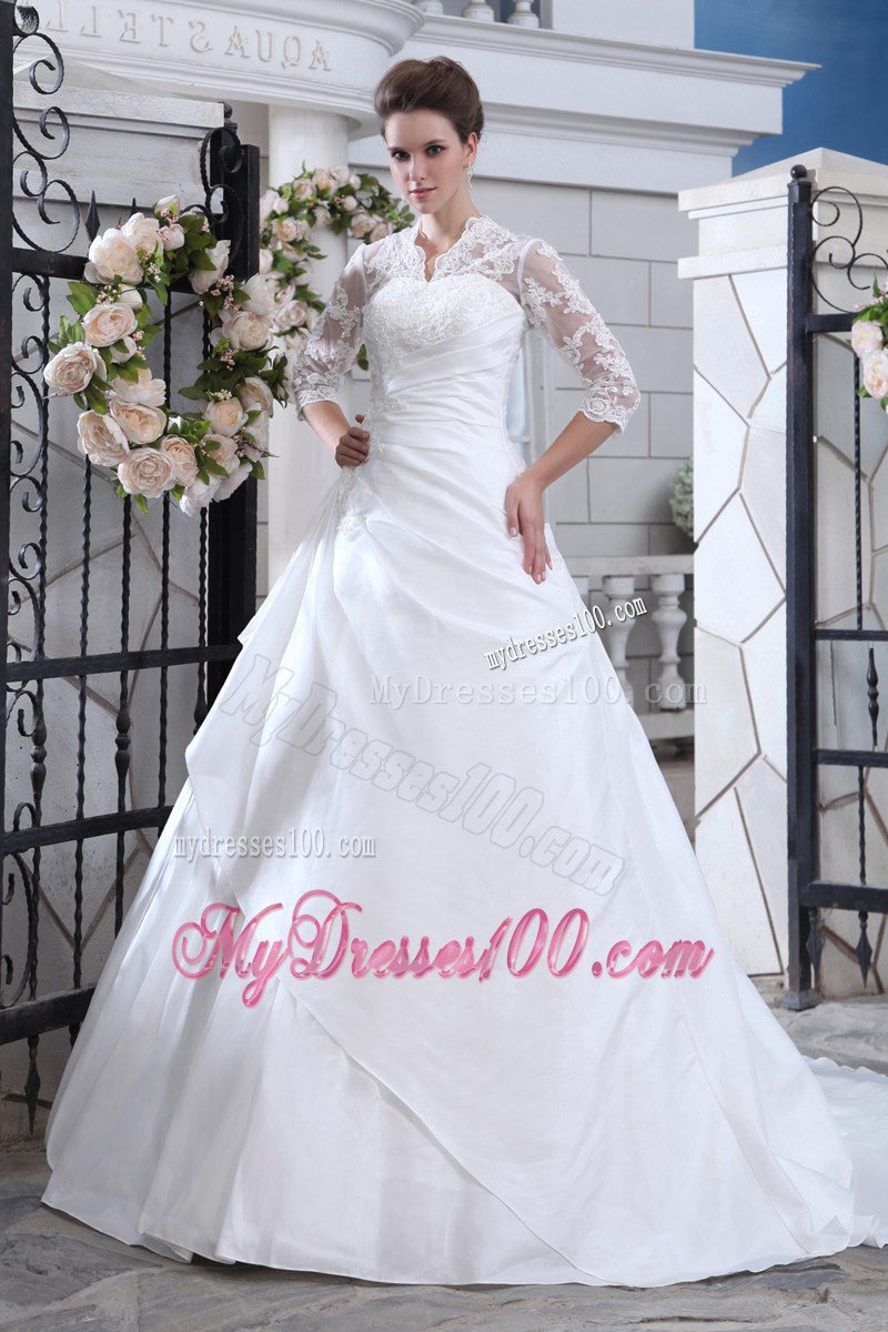 Lace Flower Half Sleeves Appliqued and Beaded Brush Train Bridal Gowns