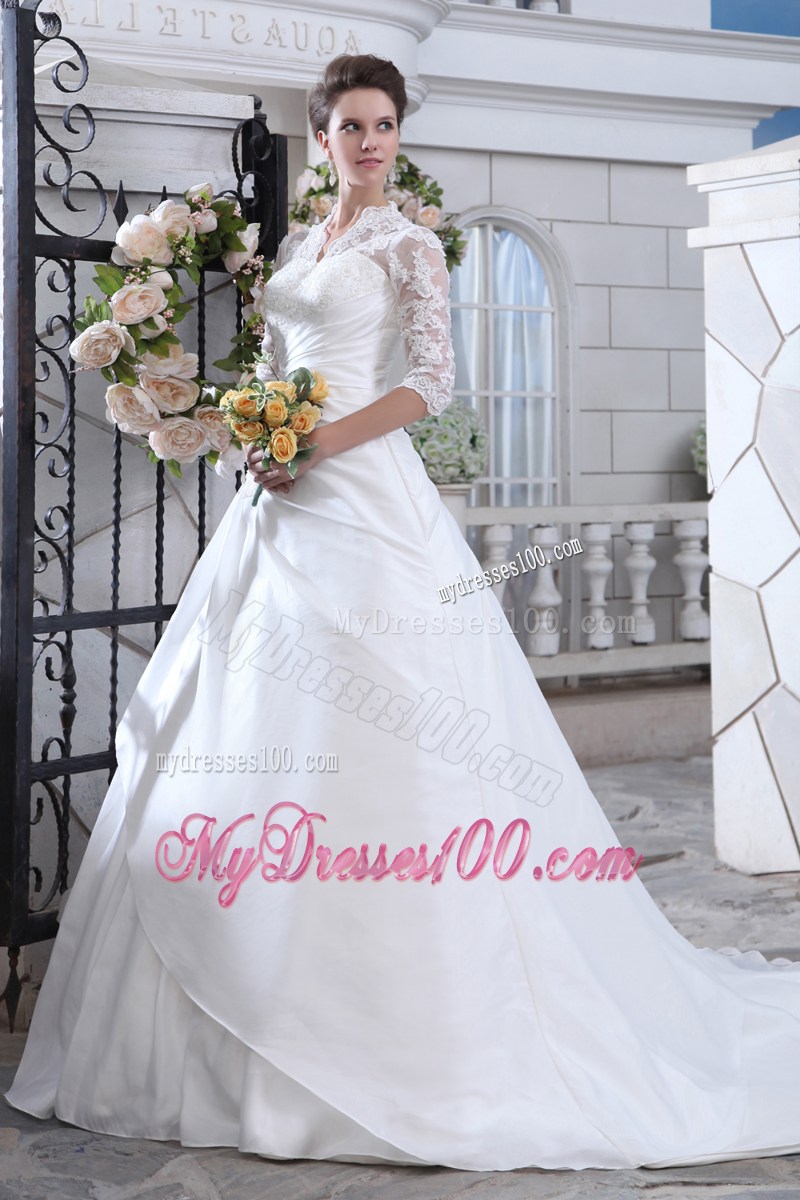 Lace Flower Half Sleeves Appliqued and Beaded Brush Train Bridal Gowns