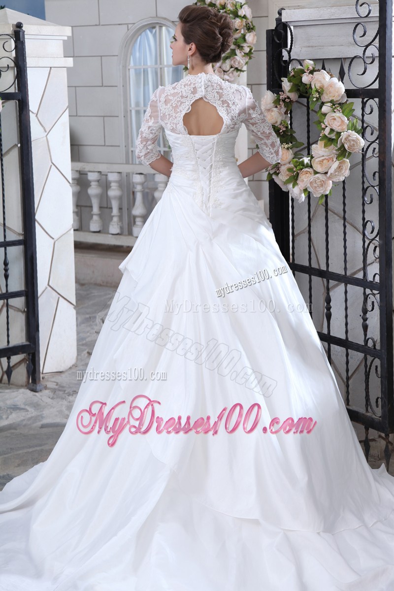 Lace Flower Half Sleeves Appliqued and Beaded Brush Train Bridal Gowns