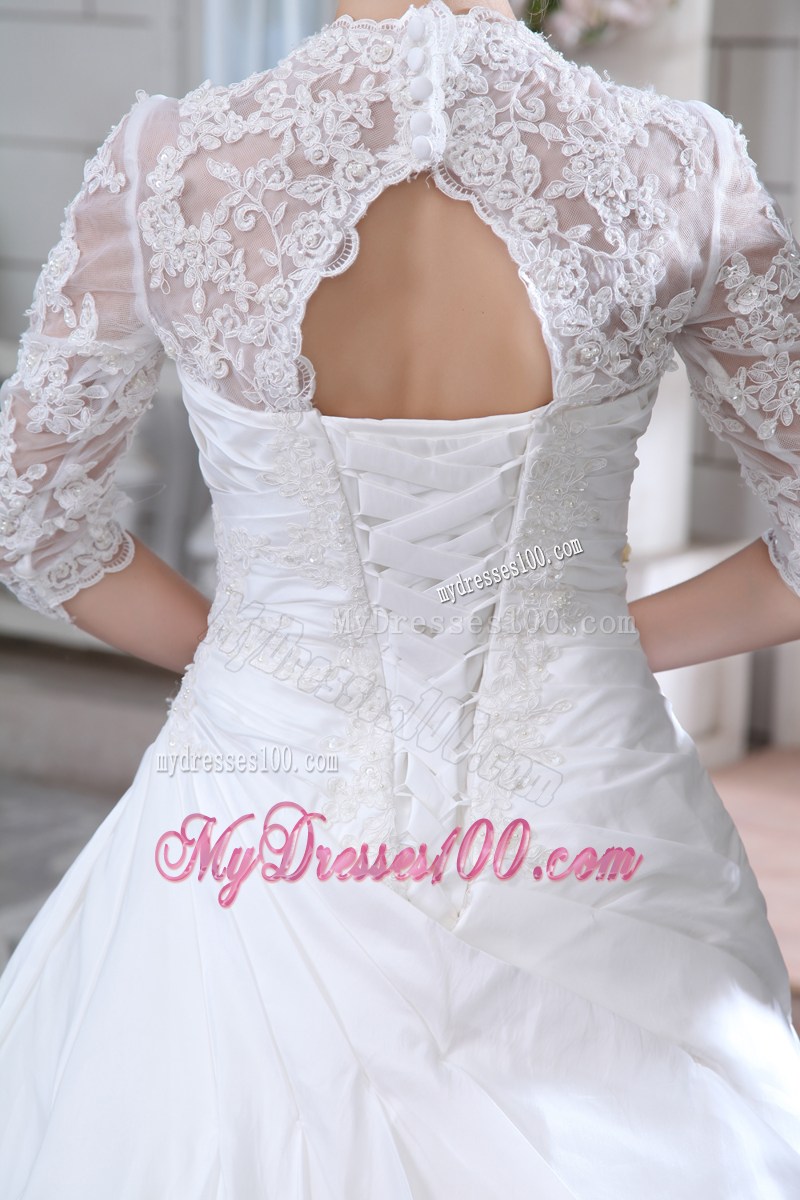Lace Flower Half Sleeves Appliqued and Beaded Brush Train Bridal Gowns
