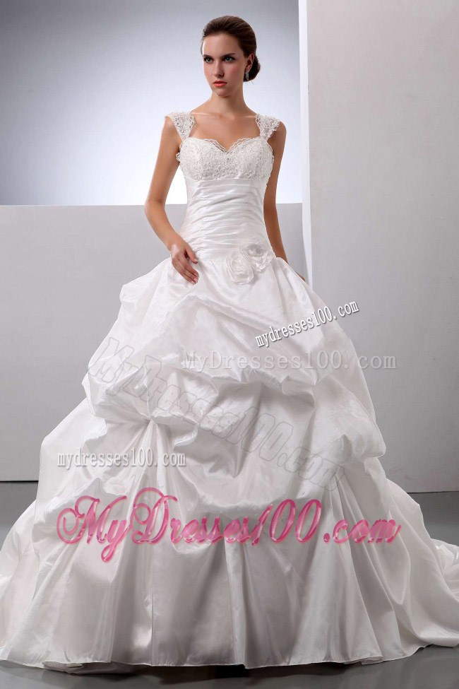 Lace White Straps Ruched Court Train Wedding Bridal Gowns with Handle Flowers