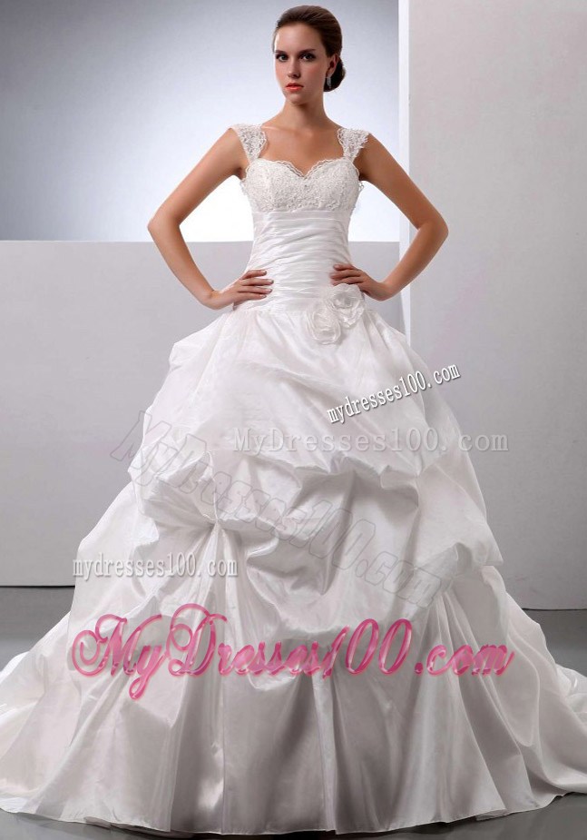Lace White Straps Ruched Court Train Wedding Bridal Gowns with Handle Flowers