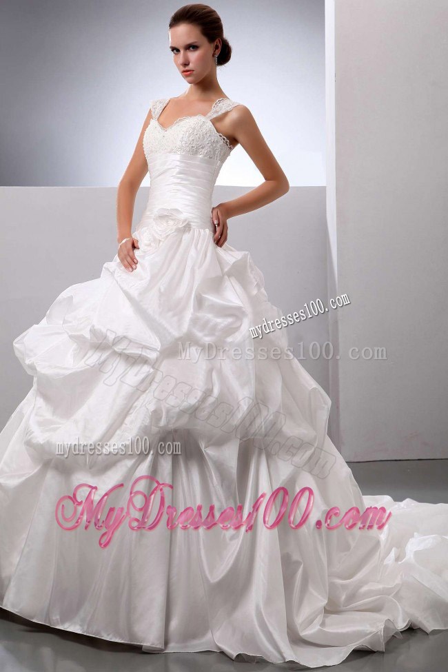 Lace White Straps Ruched Court Train Wedding Bridal Gowns with Handle Flowers