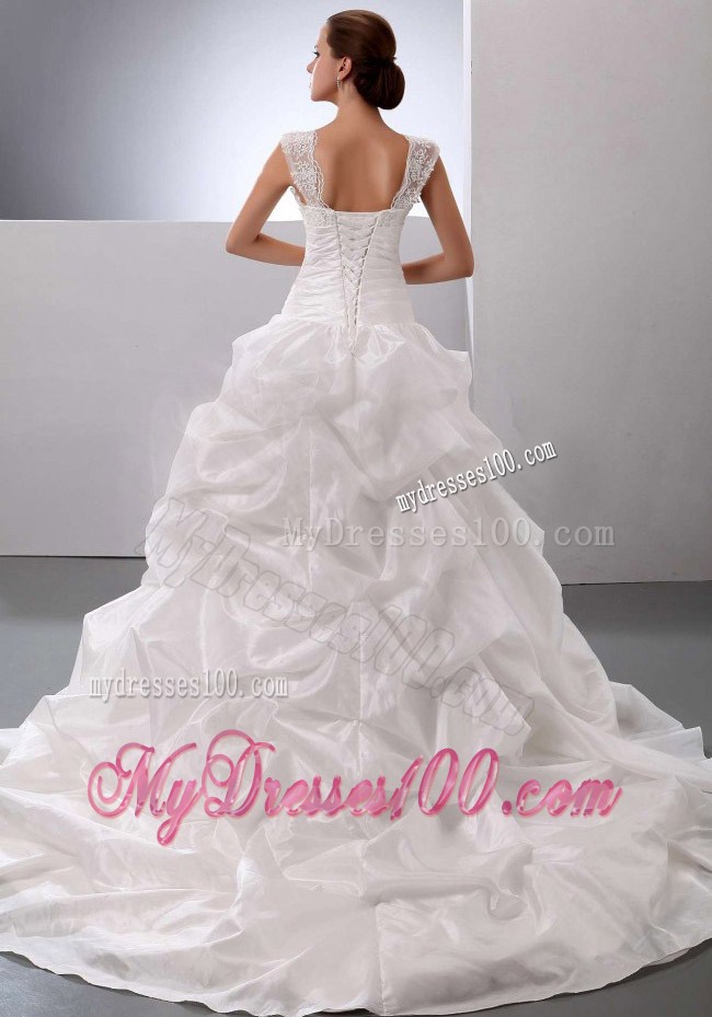 Lace White Straps Ruched Court Train Wedding Bridal Gowns with Handle Flowers