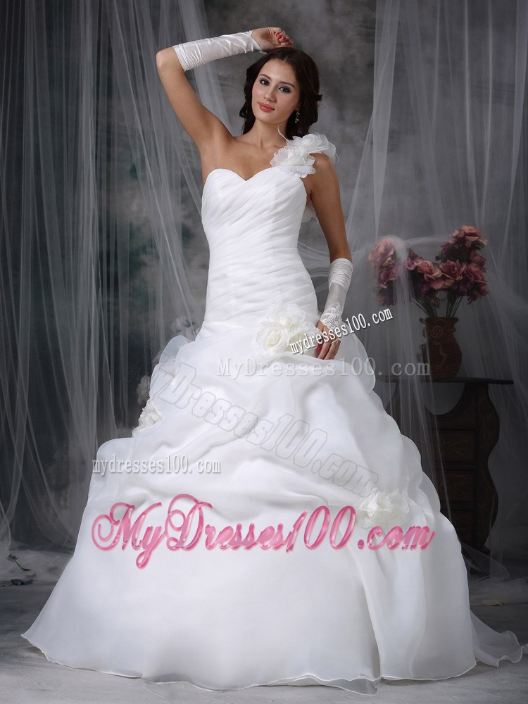 Handle Flowers One Shoulder Dress for Wedding with Ruching and Pick-ups
