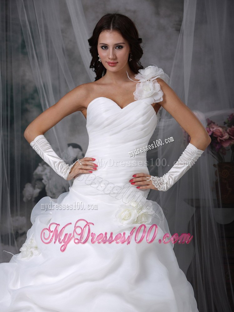 Handle Flowers One Shoulder Dress for Wedding with Ruching and Pick-ups
