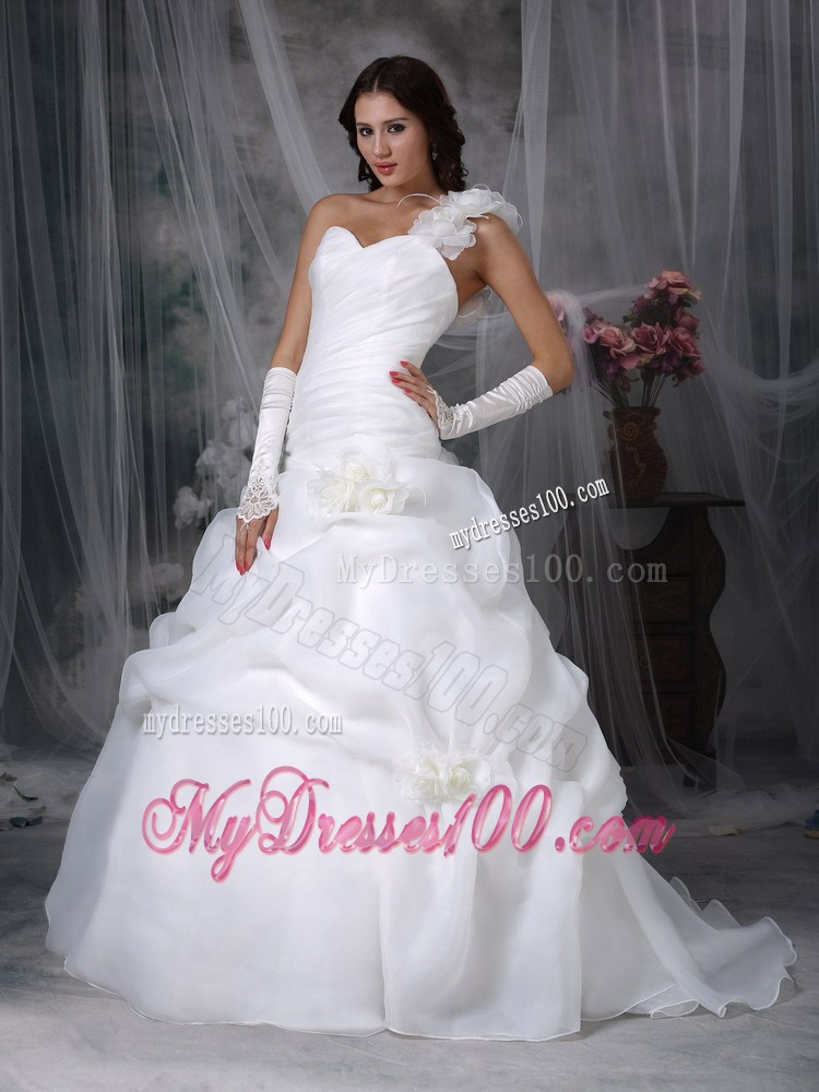 Handle Flowers One Shoulder Dress for Wedding with Ruching and Pick-ups
