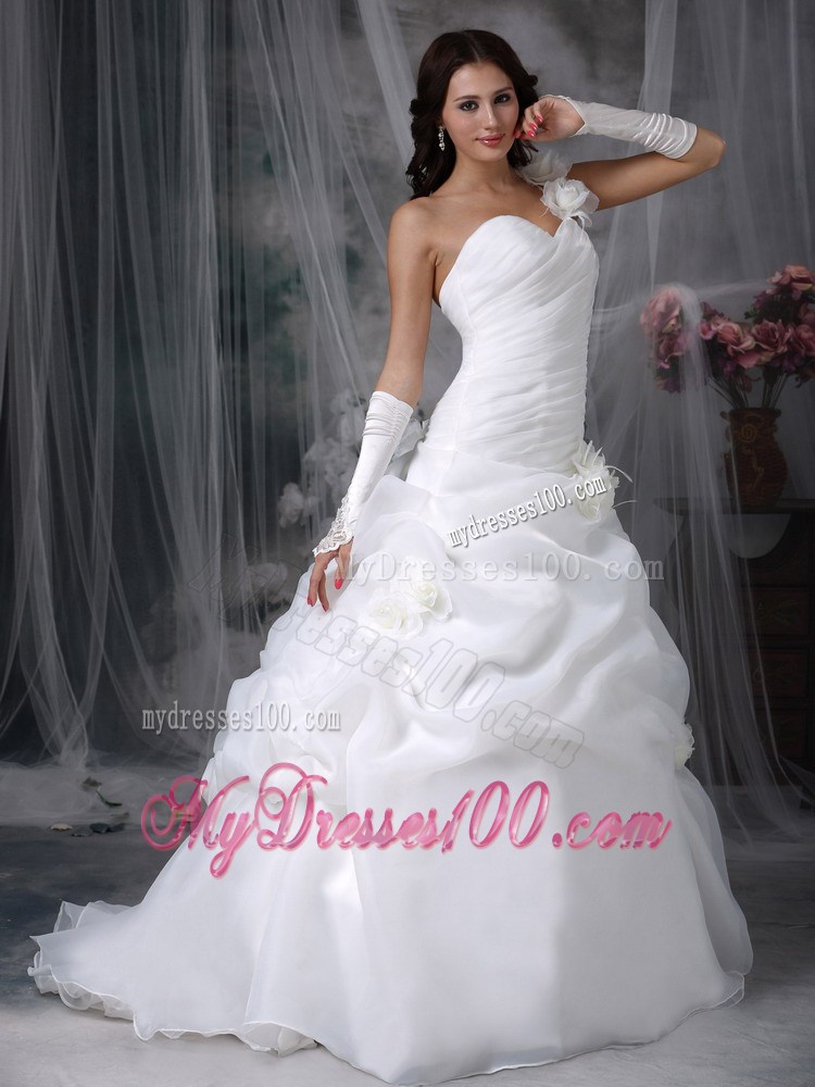 Handle Flowers One Shoulder Dress for Wedding with Ruching and Pick-ups