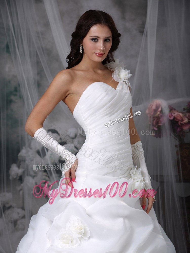 Handle Flowers One Shoulder Dress for Wedding with Ruching and Pick-ups